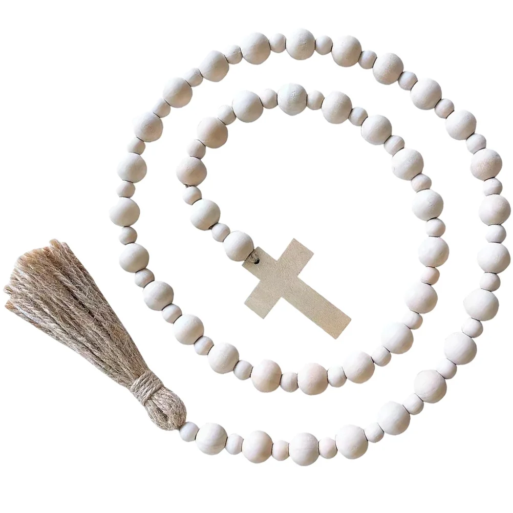 

Easter Wooden Beads Pendant with Tassel Handmade Cross Hanging Garland Festive Holiday Decoration for Home Wall Door Display