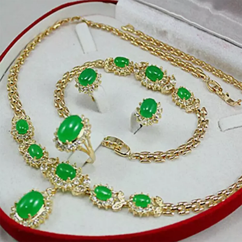 

Natural Green Jade Inlay Link Bracelet earrings Ring Necklace Jewelry Set AAA