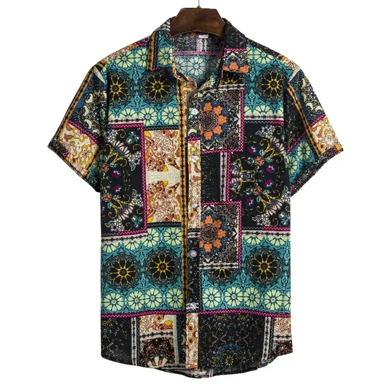 Boho Geometric Pattern 3D Printed Men Shirt Man/Women Casual Fashion Short Sleeves Shirts Button Tops Oversized Unisex Clothing