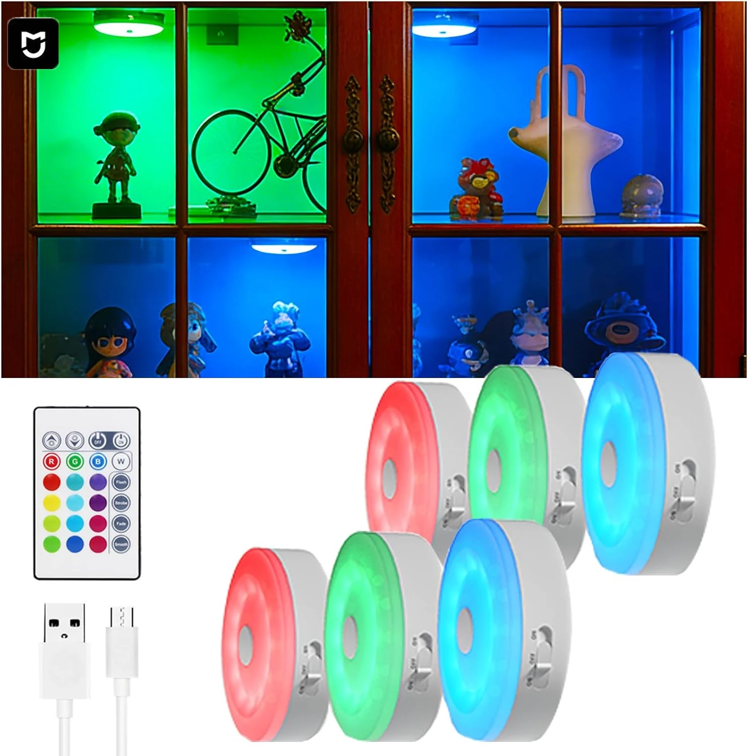 LED Puck Light With Motion Sensor USB Rechargeable Cabinet Lamp RGB Mood Ambien…