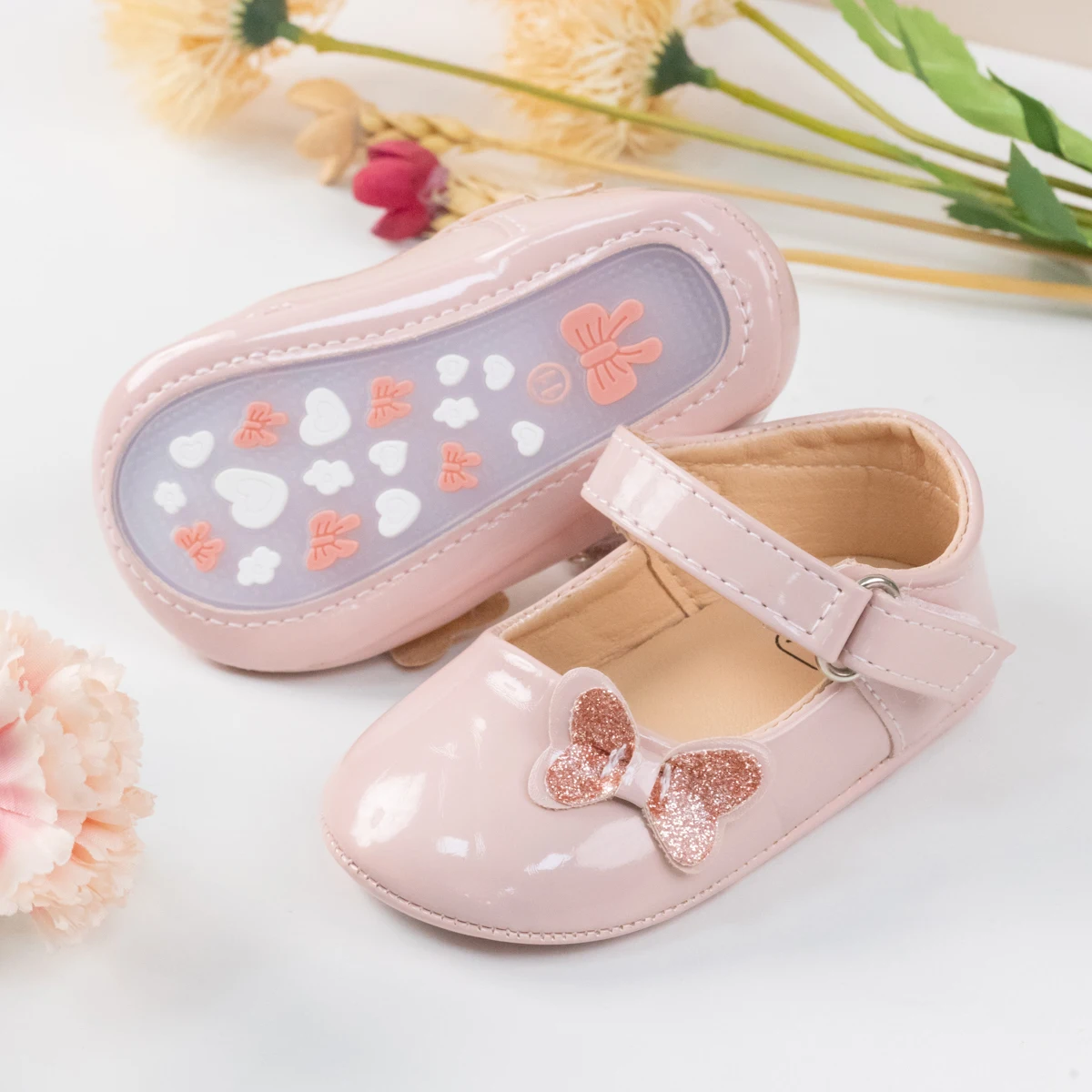 KIDSUN Baby Shoes Newborn Girl Princess PU Toddler Shoes Bow Decor Rubber Sole Anti-Slip First Walker Shoes 0-18M