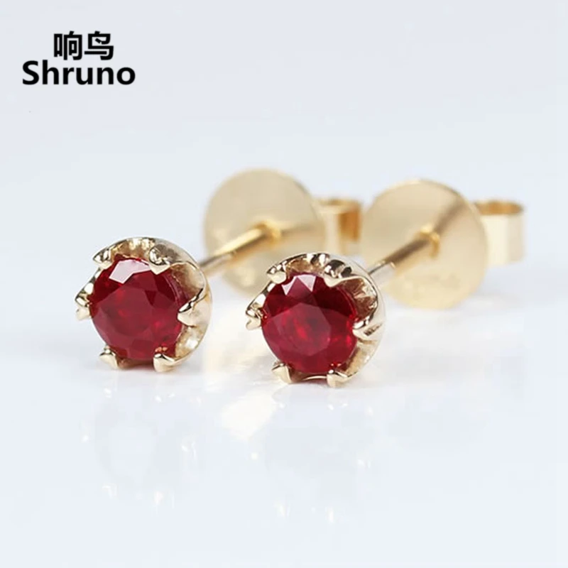 

Shruno Solid 14k AU585 Rose Gold Round Genuine Natural Ruby Gemstone Stud Earrings Women Unique Exquisite Trendy Jewelry