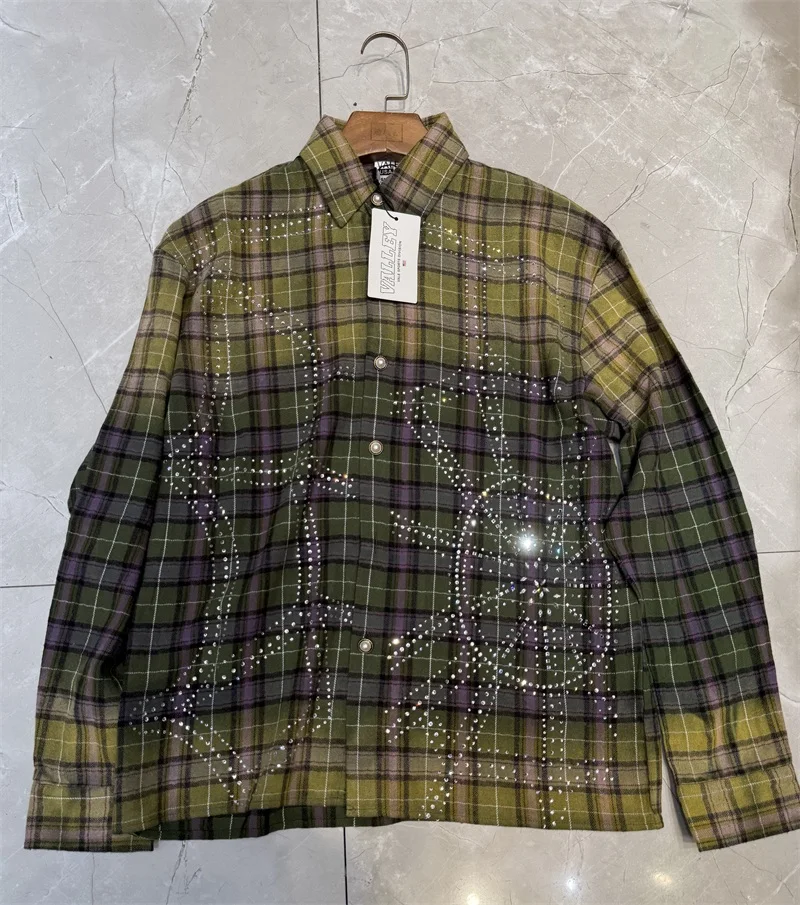 Oversized VALLEY Plaid Shirts Men Women Hot Drill American Vintage Yellow Pure Cotton Vale Long-sleeved Shirts Real Photo