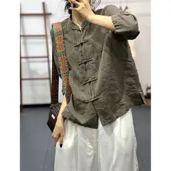 Pure Cotton Retro Buttoned Republic of China Style Chinese Stand Collar Cotton and Linen Shirt Casual Loose and Versatile