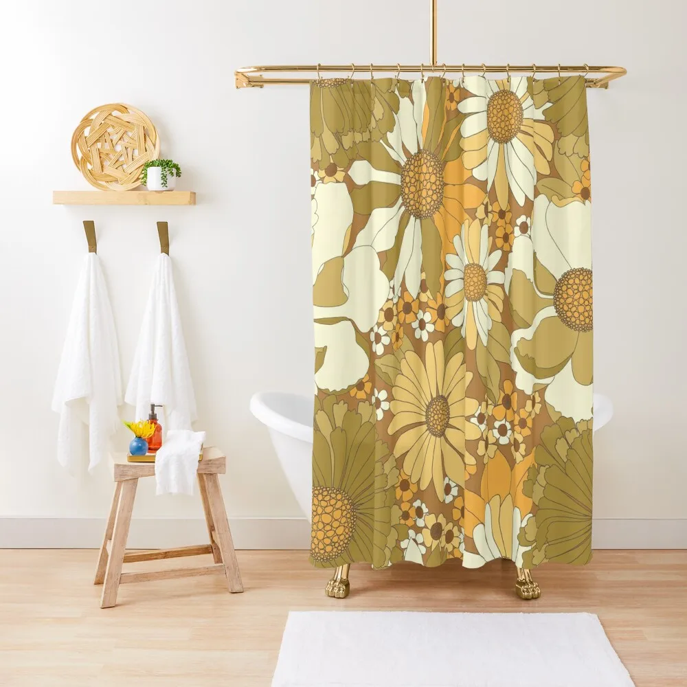 

Brown, Orange, Ivory & Green Vintage Flower Pattern Shower Curtain For Bathrooms Funny Shower Curtain