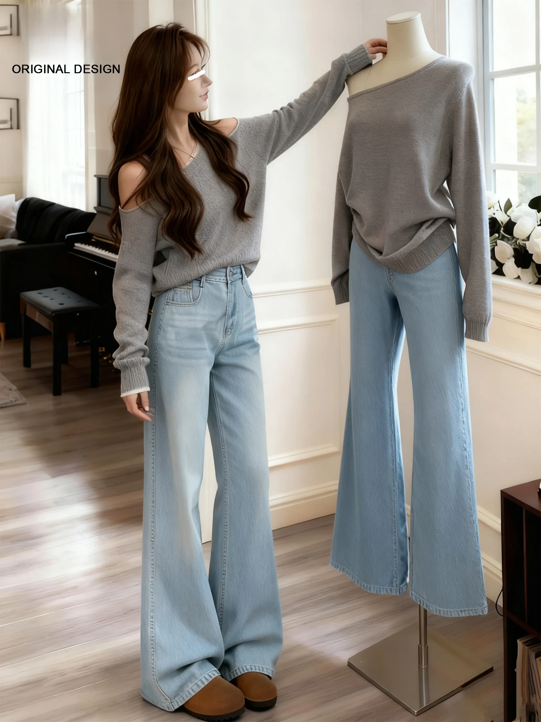 

Женские джинсы свободного кроя с высокой талией и флисовой подкладкой, светло-голубые, в американском стиле, расклешенные, летняя новинка