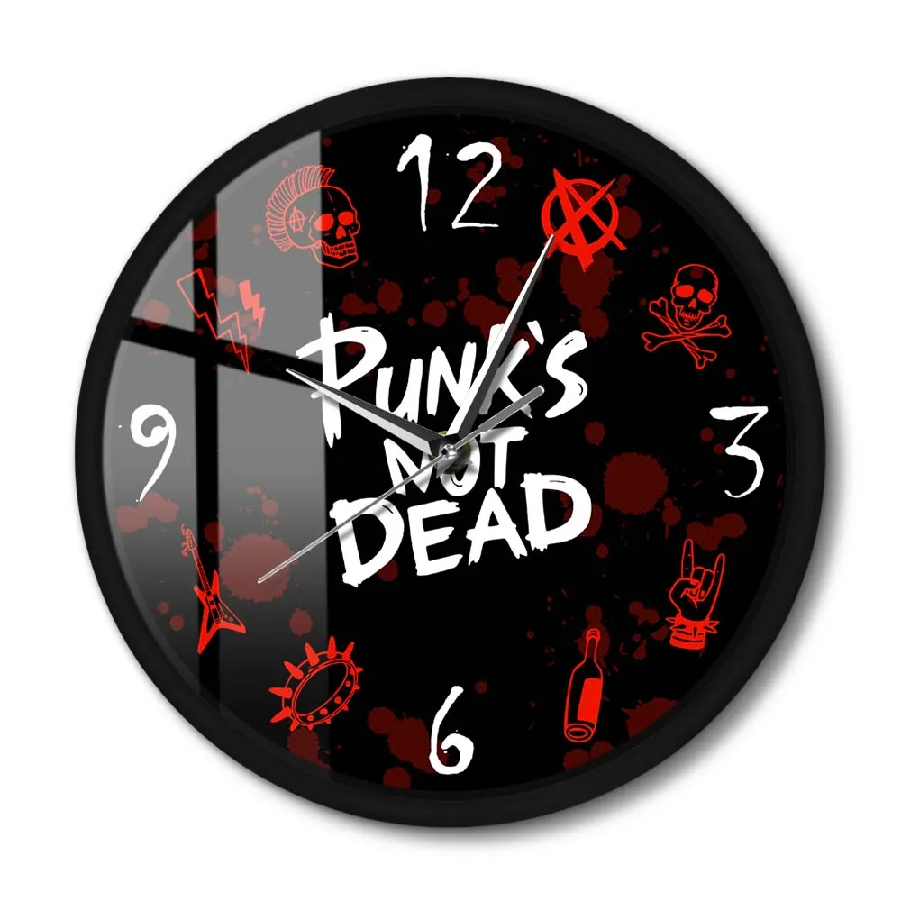 

Punk Rock Modern Metal Frame Wall Clock Silent Punk's Not Dead Words Design Decorative Wall Watch Music Band Concert Party Decor