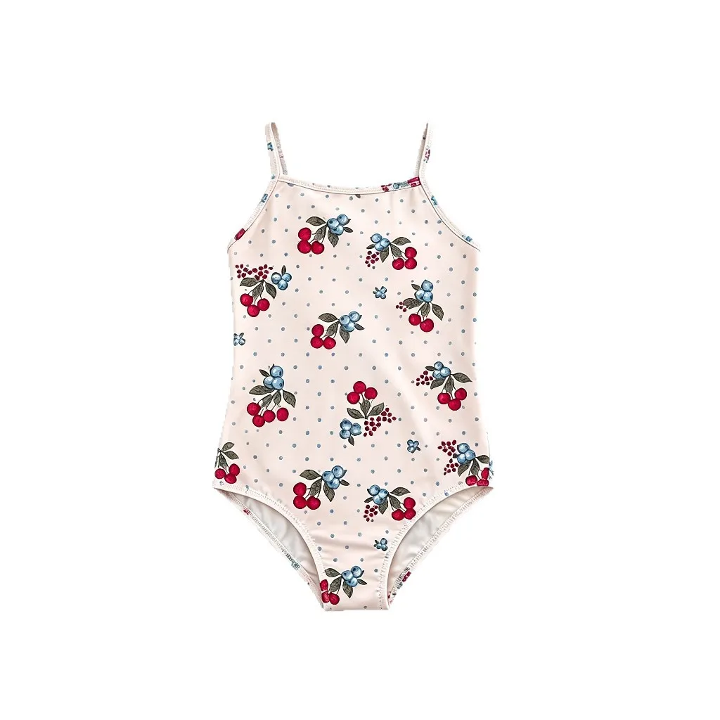 Summer 1-9 Years Baby Girls Suspenders Swimsuits Backless Cherry Printed One-piece Bikini Toddlers Kids Beach Swimwear  123