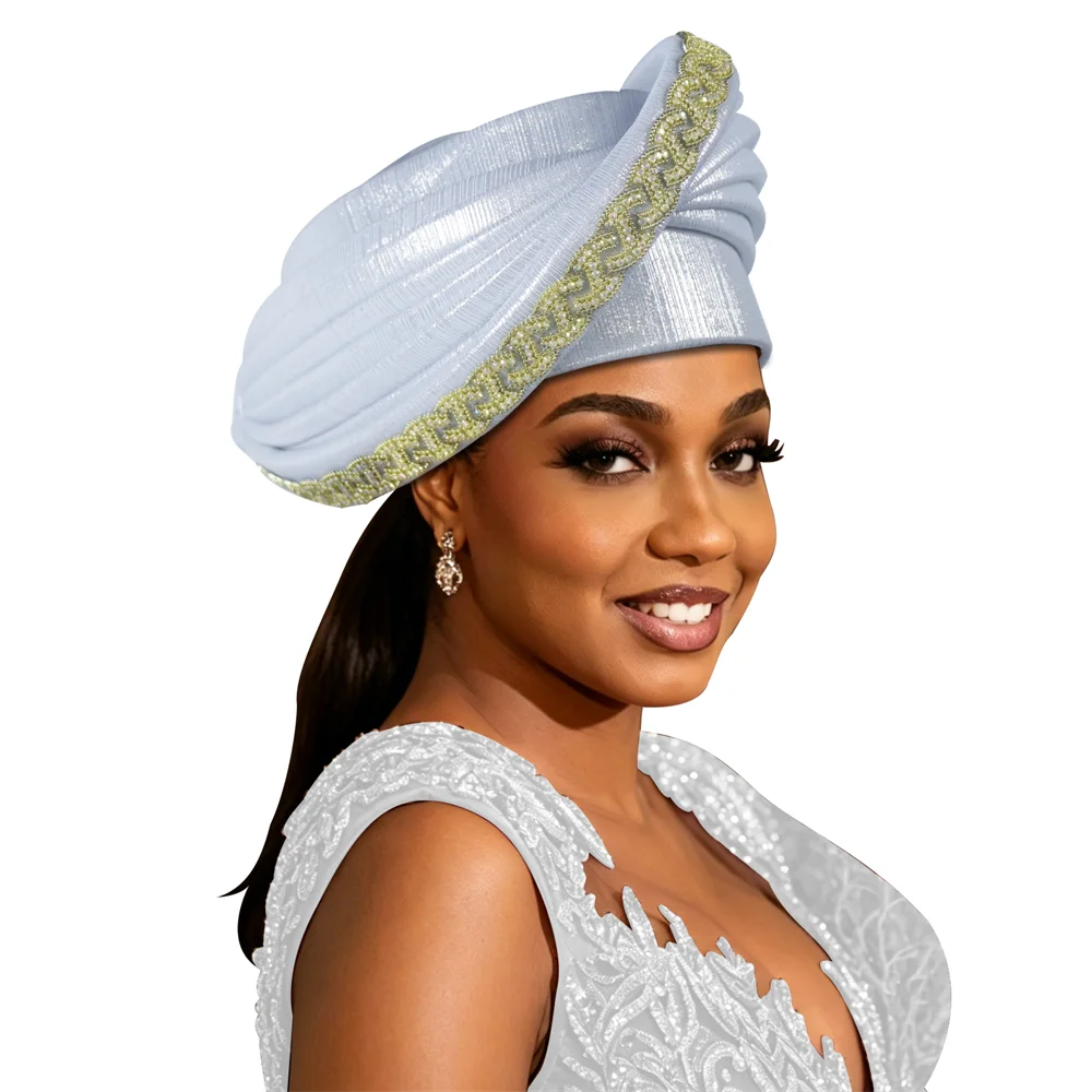 Multilayer Diamond Turban Caps for Women African Auto Gele Female Head Wraps Headwear Bonnet Lady Party Headgear Headpiece Hat