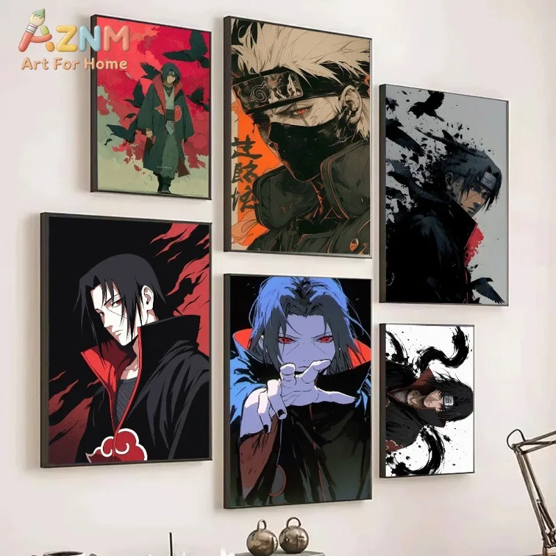 Akatsuki Ninja Canvas Wall Art Uchiha Character Print With Crow Background For Teen Room Home Wall Decoration Unframed