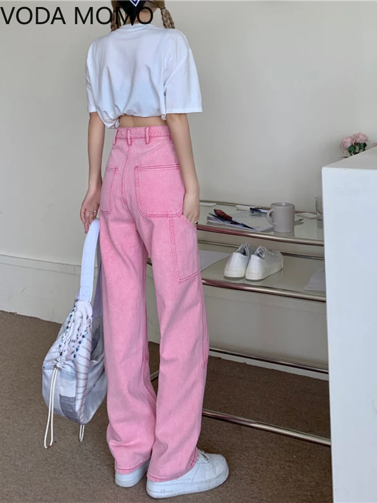 spring 2022 womens fashion high waist Women\'s Wide leg jeans baggy woman denim capris Pants jean mom jeans trousers pink