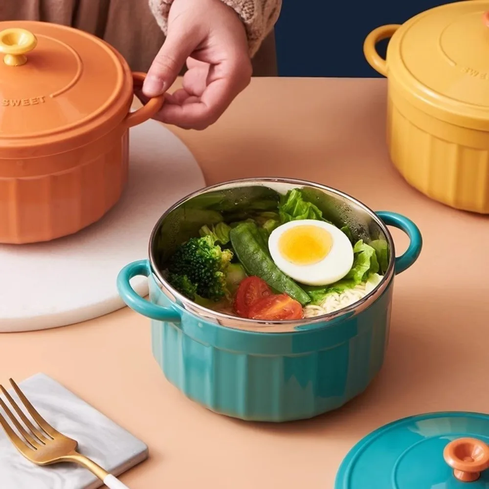 Stainless Steel Double-ear Noodles Bowl Large Capacity Heat-Insulated Ramen Bowl with Lid Leak-Proof Dormitory Lunch Box