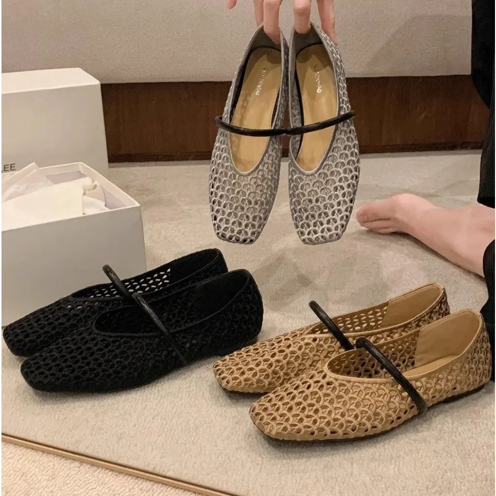 Fashion Designer 2026 Square Head Hollow Woven Casual Comfortable Women's Flat Shoes Mary Jane Single-layer Shoes Fishnet Shoes