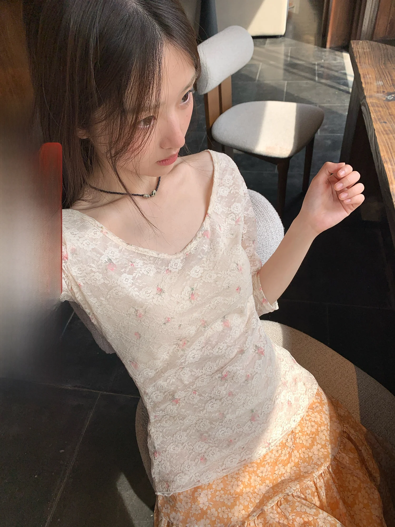 

Sinbounboun Lace Floral Slim Fit T-Shirt Women's 3/4 Sleeve Summer New Pure Desire Base Top Small Shirt Breathable Nylon