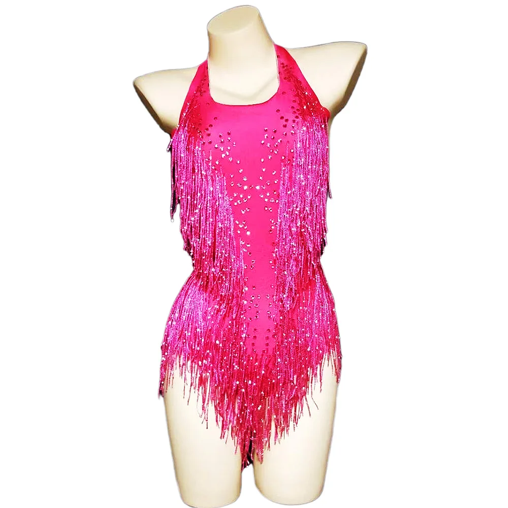 

Rose Red Women Multicolored Shining Tassel Fringe Rhinestones Bodysuits Halter Backless Pole Ballroom Leotard