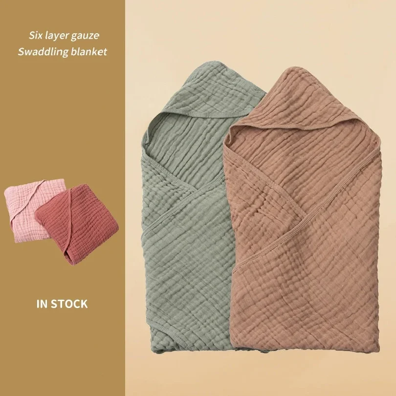 6-Layer Hooded Baby Bath Towel 90x90cm Pure Cotton Gauze Swaddle Blanket Delivery Room Wrapping Soft Infant Towel Solid color