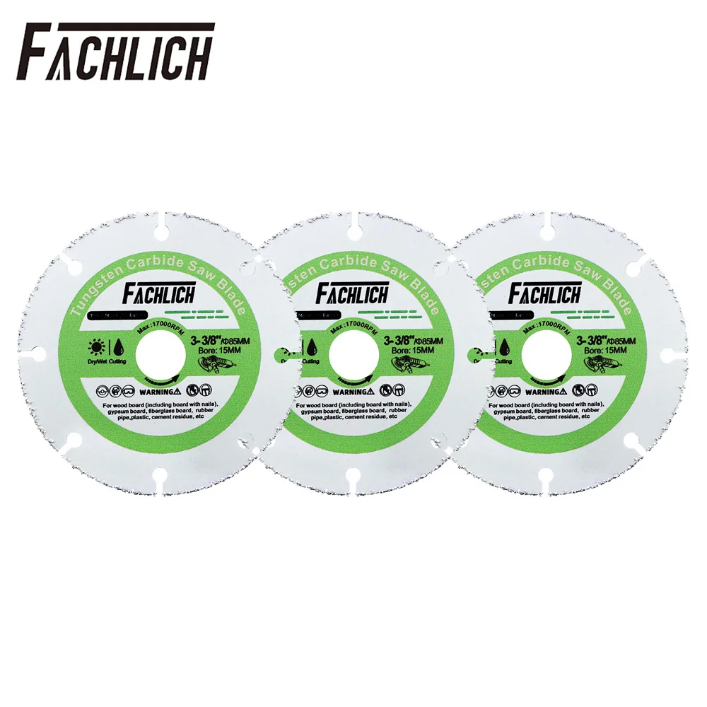 FACHLICH Diamond Cutting Wood Disc Set, plástico Circular Saw Blade, cortar a placa, borracha, tubulação do PVC, Arbor15-10 mm cortador seco, 85mm, 3Pcs