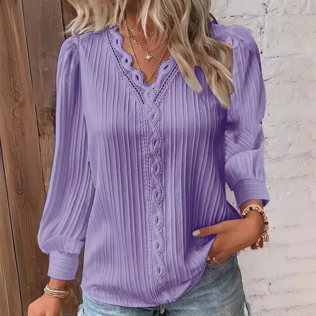Effen kleur V-hals dames kanten stiksels shirt eenvoudige chiffon decoratie uitgehold ontwerp mode elegante top kantoor dame blouse