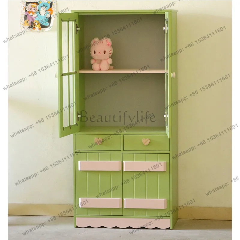 Leaf bud green transparent soft glass upper and lower storage bookcase color cabinet custom