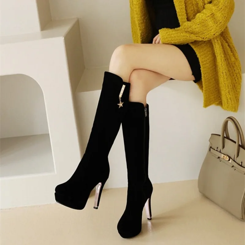 Large Size 48 Mature Women's Boots 11.5CM High Heel Coarse Following Platform Shoe Metal Decoration Women Long Boots 2025 Winter