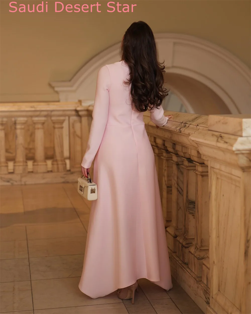Personalizado moderno rosa cetim vestido de noite elegante tripulação pescoço mangas compridas vestido de festa formal tornozelo comprimento vestidos de celebridades