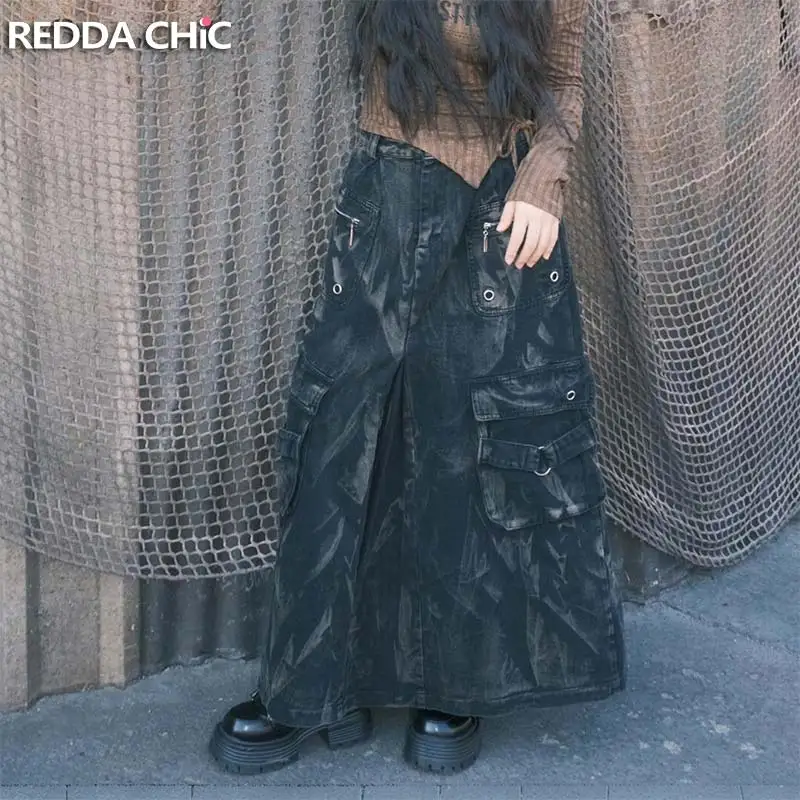 ReddaChic Black Distressed Cargo Jean Skirt Women Vintage High Rise A-line Multi-pocket Maxi Denim Skirt Harajuku Streetwear