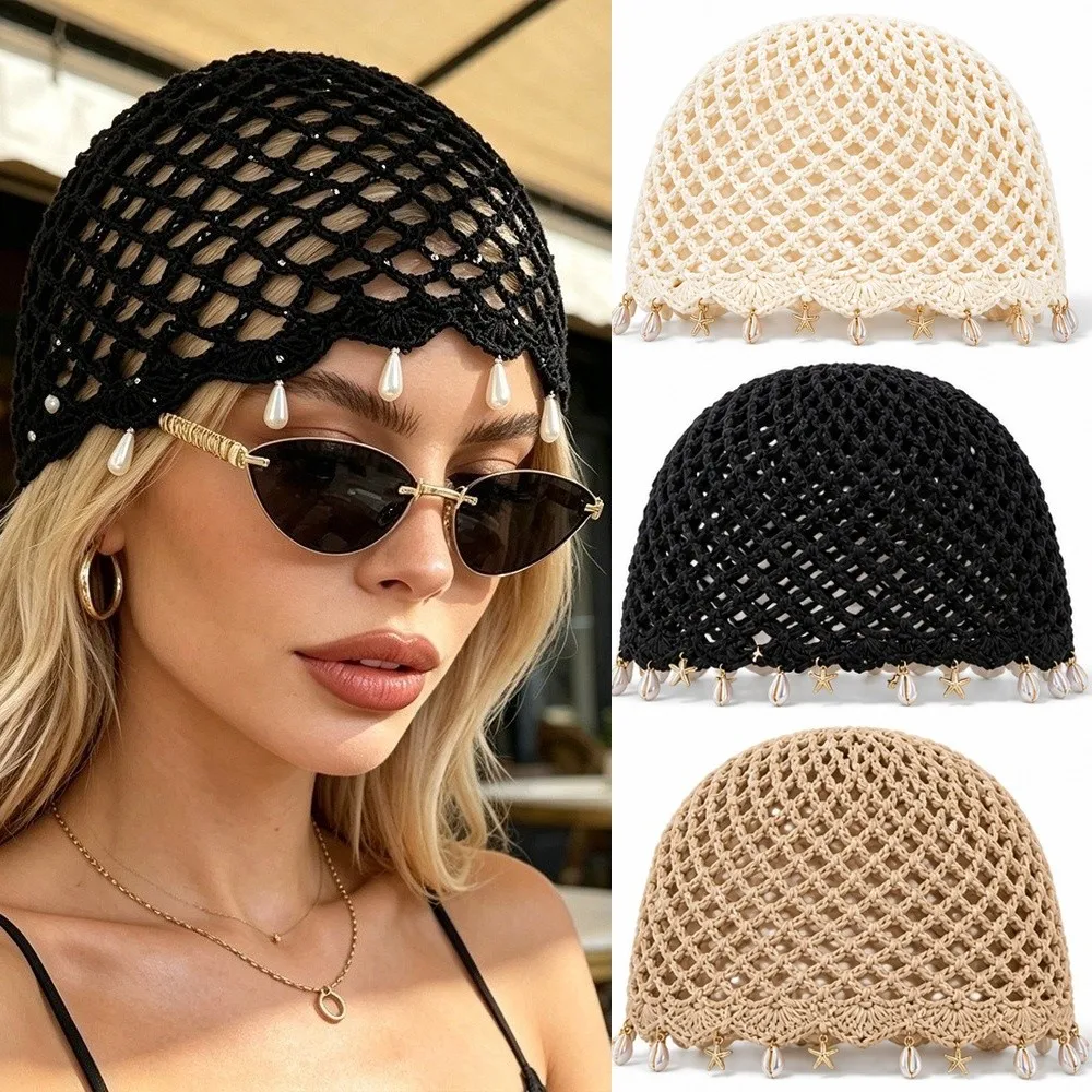 New Bohemian Crochet Beret Hat Hollowed Out Pentagram Mesh Knitted Hat Fringed Breathable Beanie Cap Women