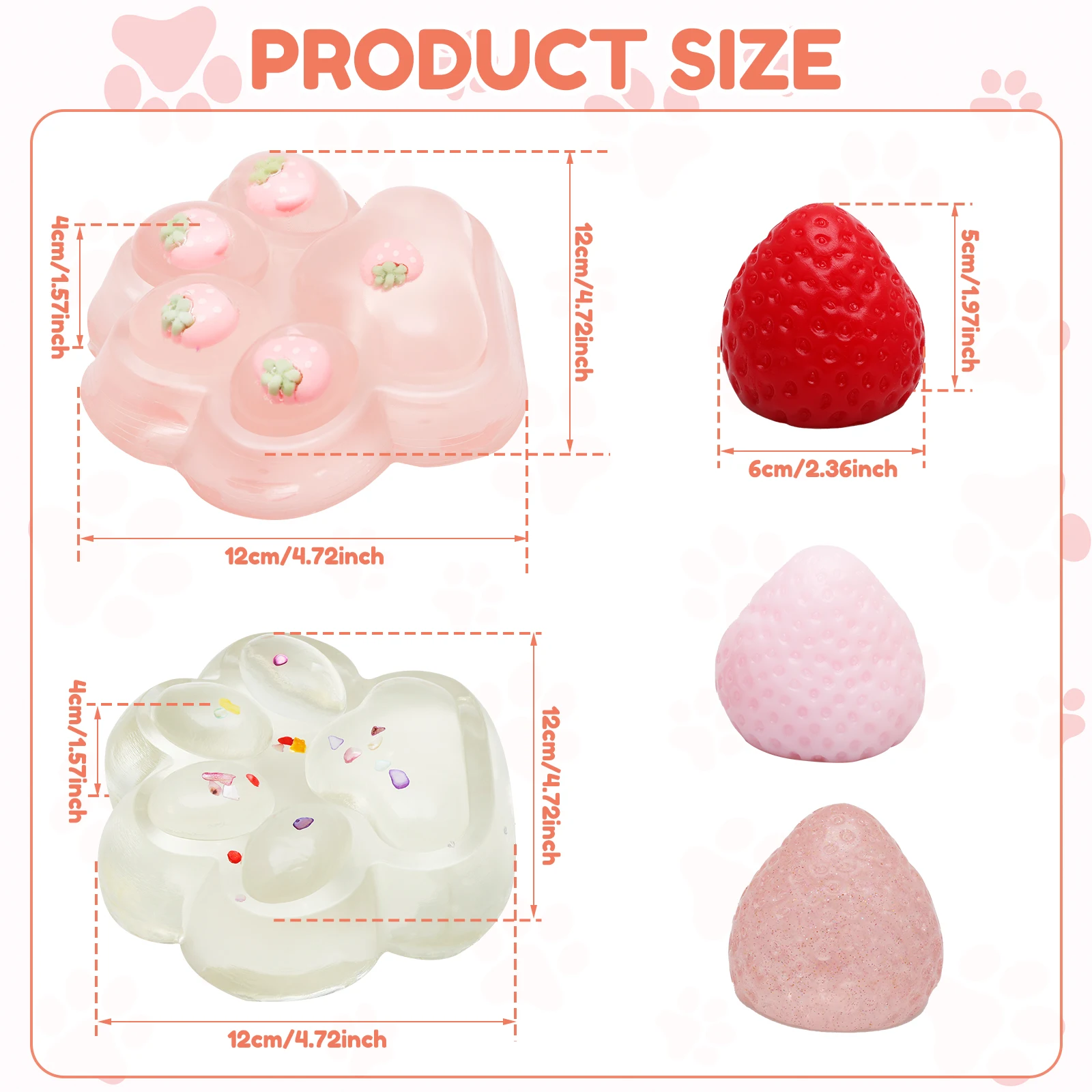 5 Pcs Portable Squeeze Toy for Relaxation Soft Cute Strawberry and Cat Paw Squishy Toy for Children and Adult Holiday Event
