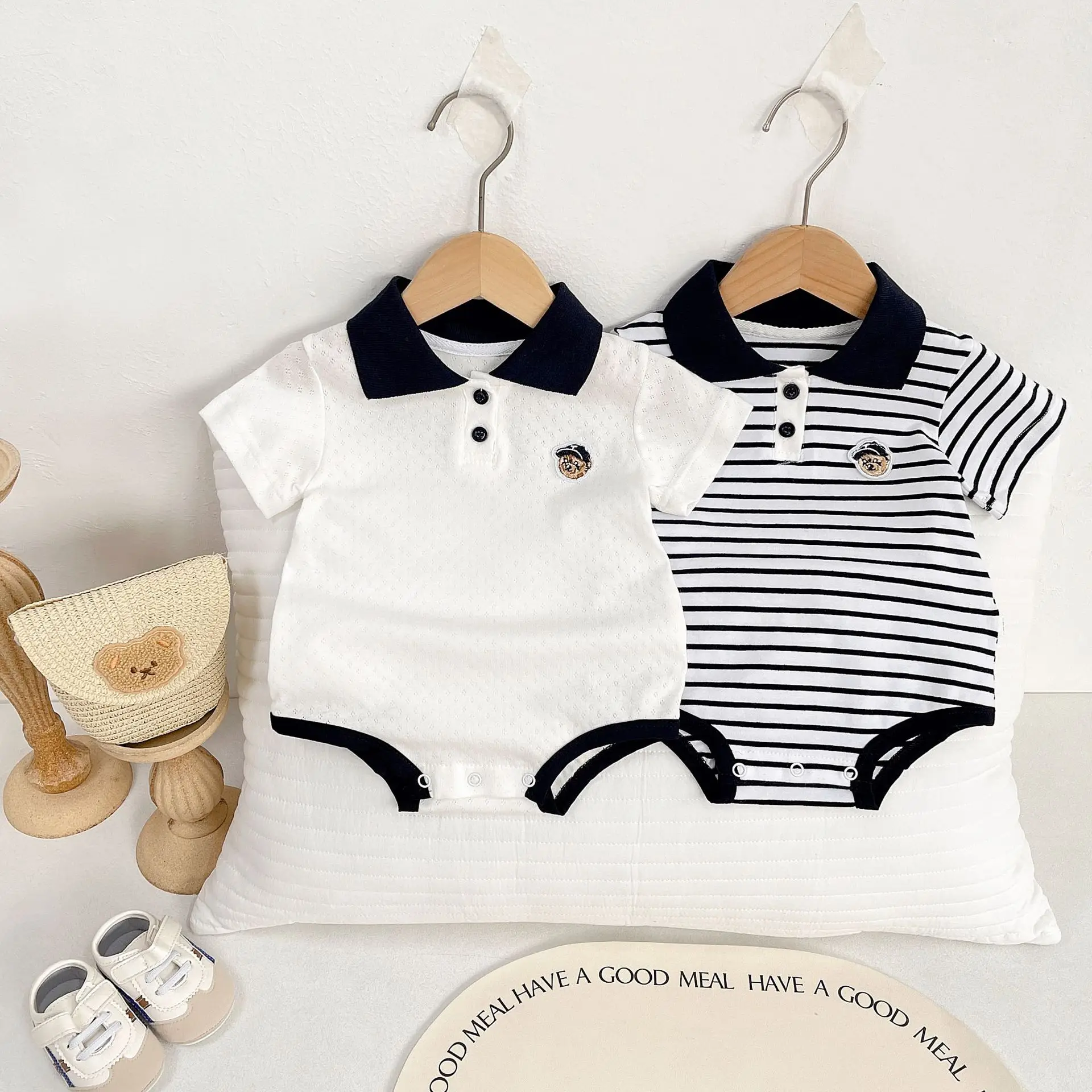 Baby Boy Embroidery Polo Romper Striped Print Short Sleeve Button Up Bodysuit Infant Summer Clothes