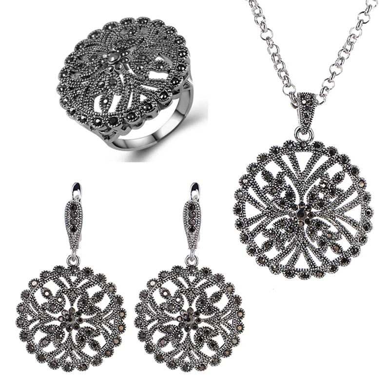 

Ajojewel Vintage Hollow Flower Jewelry Set Round Earring Necklace And Ring With Full Black Rhinestone