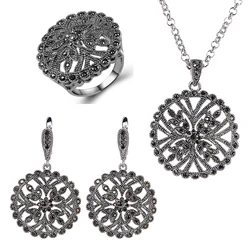Ajojewel Vintage Hollow Flower Jewelry Set Round Earring Necklace And Ring With Full Black Rhinestone