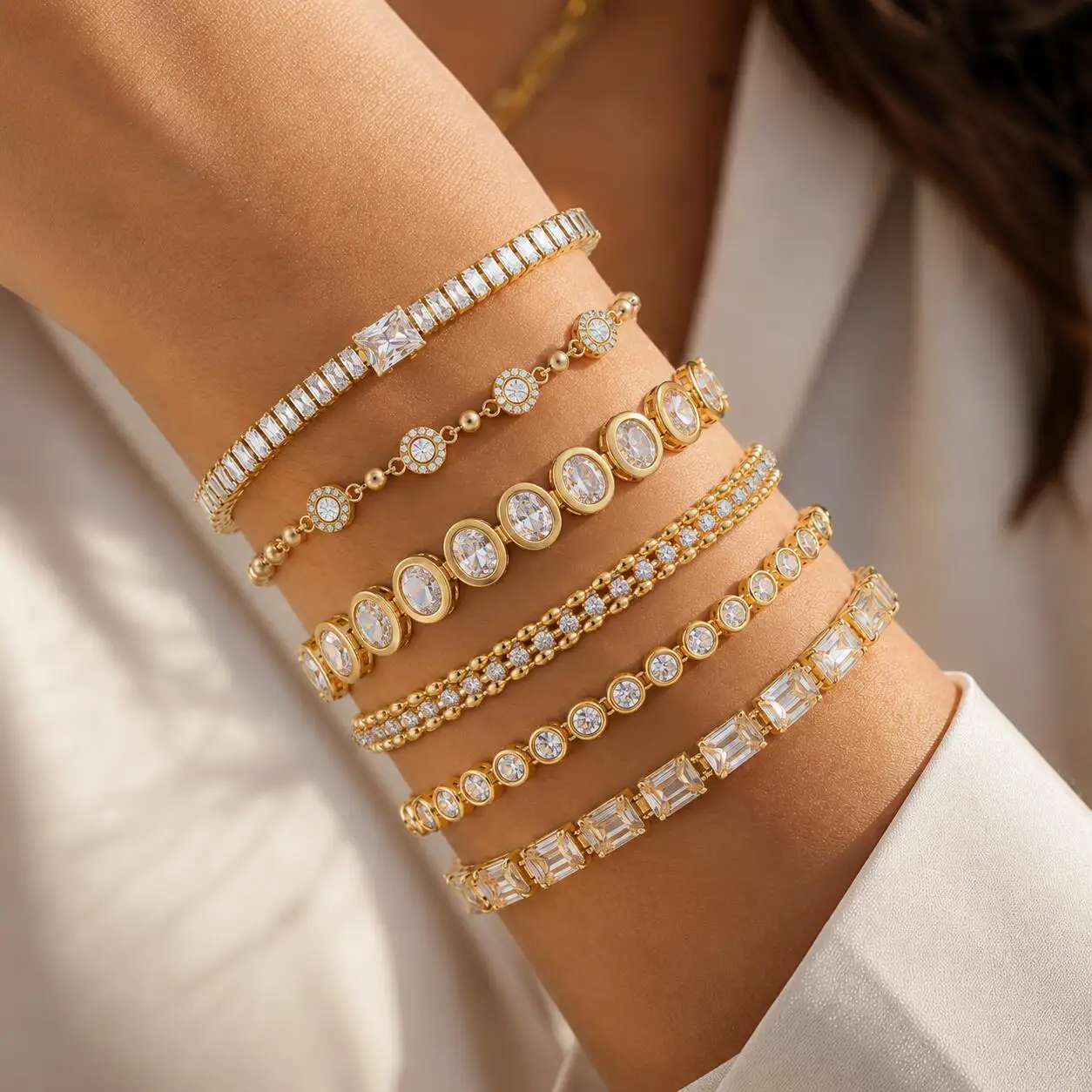 Cubic Zirconia Chain Tennis Bracelet Women, 18K Gold Plated CZ Link, Elegant Sparkling Stackable Statement Wrist Jewelry Gift