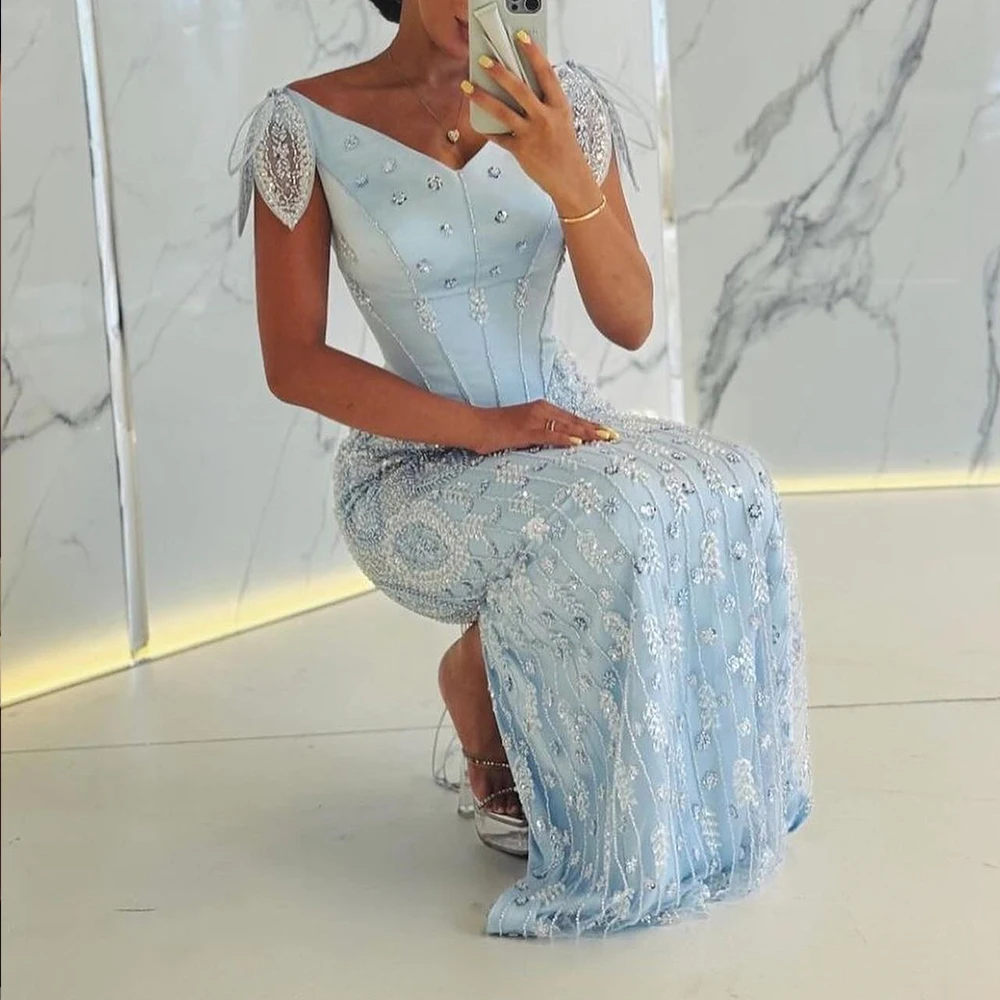 Customized Fashion Jersey Straight Crystal Evening Dress High Quality Floor Length V-Neck платье вечернее Saudi Arabia 2024