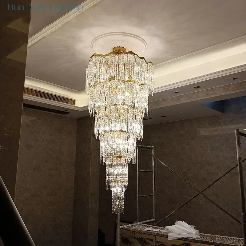 Duplex Building Crystal Chandelier With Long Overhang And Soaring Ceiling, American Style Villa Living Room, Hollow And Luxuriou