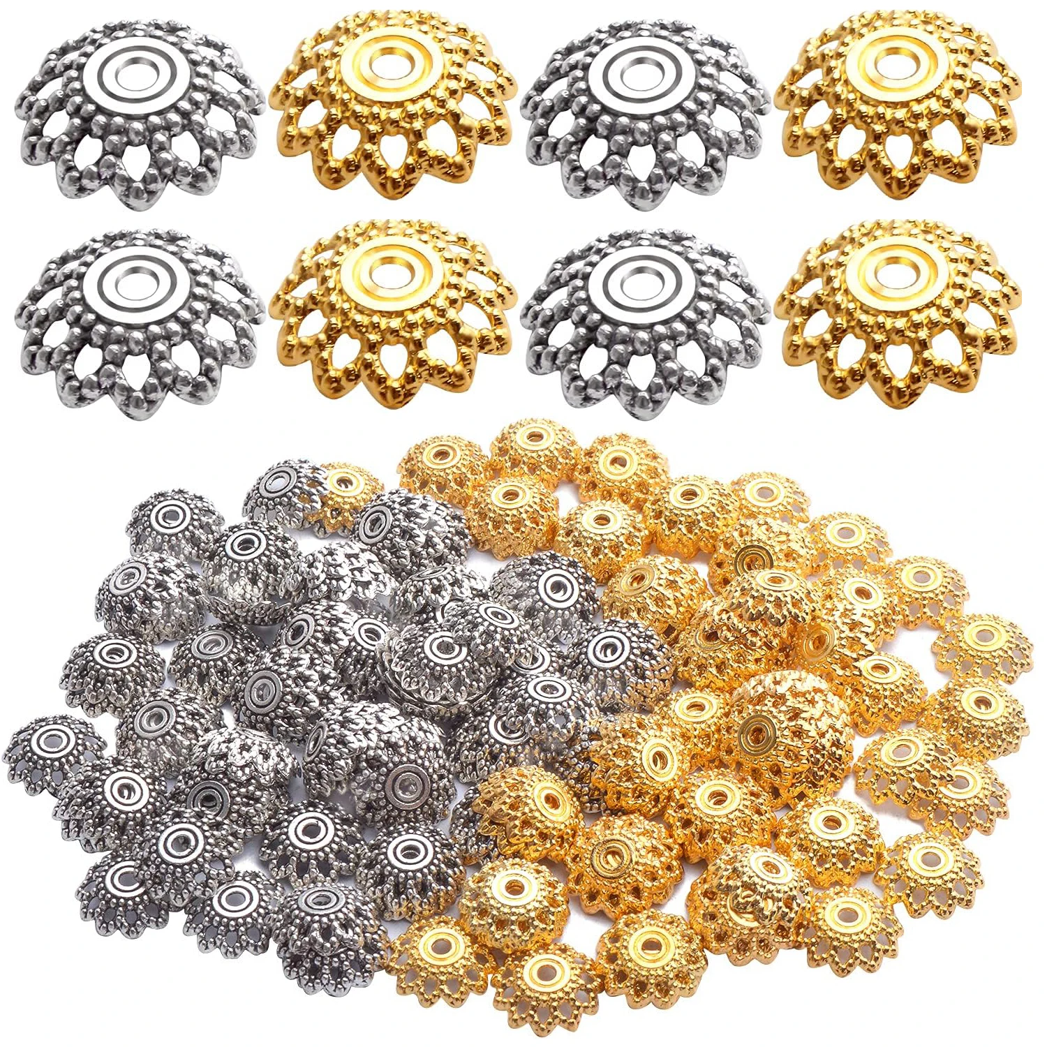 

200pcs Flower Filigree Bead Caps Alloy Spacer Beads Caps Flower End Caps Loose Beads for Bracelet Necklace DIY Jewelry Making