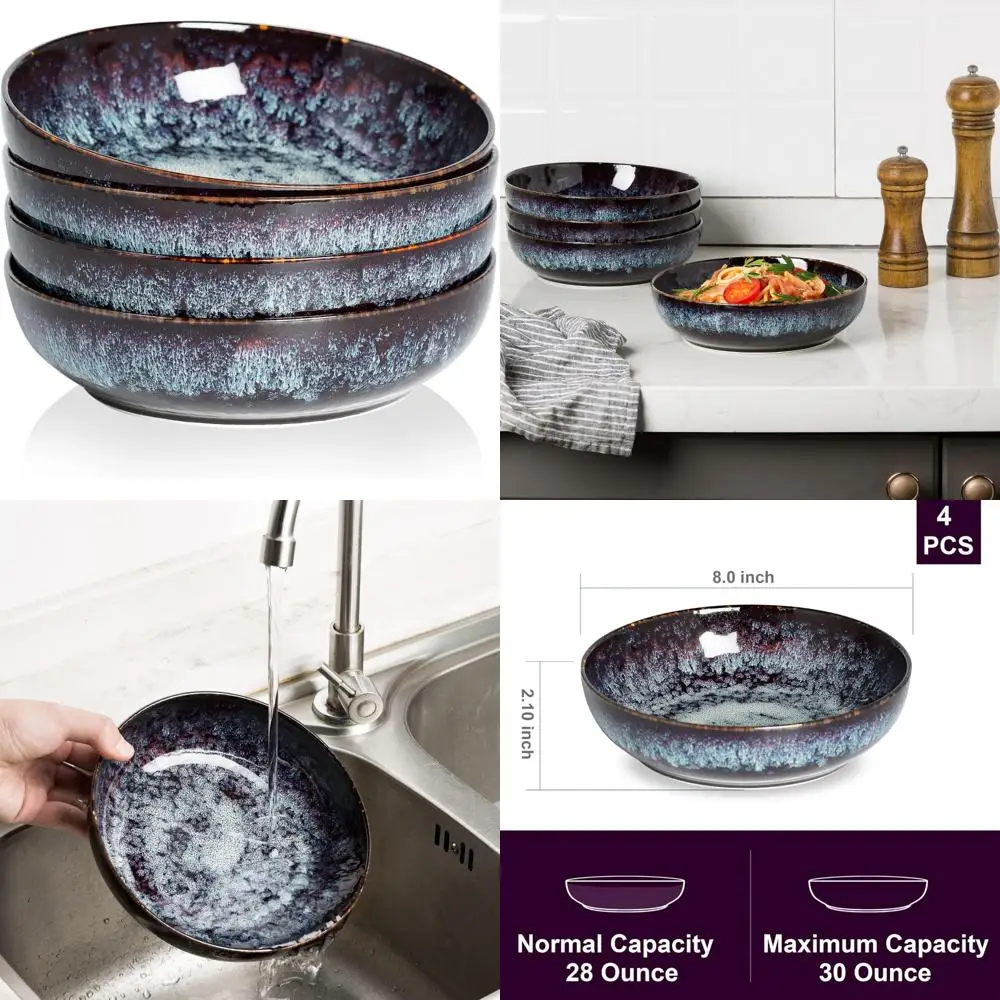 

30oz pasta bowls set - 8" serving bowls - salad bowl set of 4 - large ceramic dinner bowls - microwave safe perfect for housewar