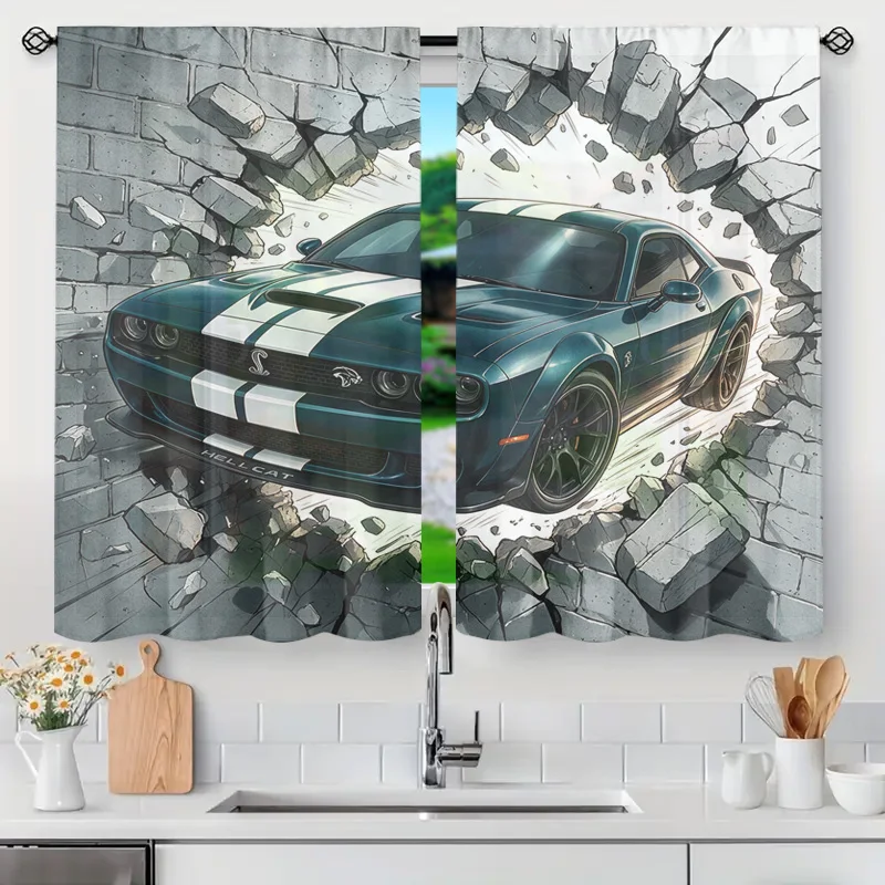 Dodge Challenger Hellcat Car Art Window Curtain Semi Sheer Muscle Car Decor Window Treatment for Bathroom Kitchen Living Room