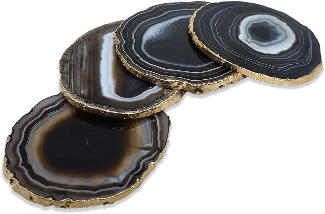 Nature'S Decorations Black Gold Rimmed Agate Stone Coasters - Set Of 4, Polished Geode Drink Mats For Dining & Coffee Table &