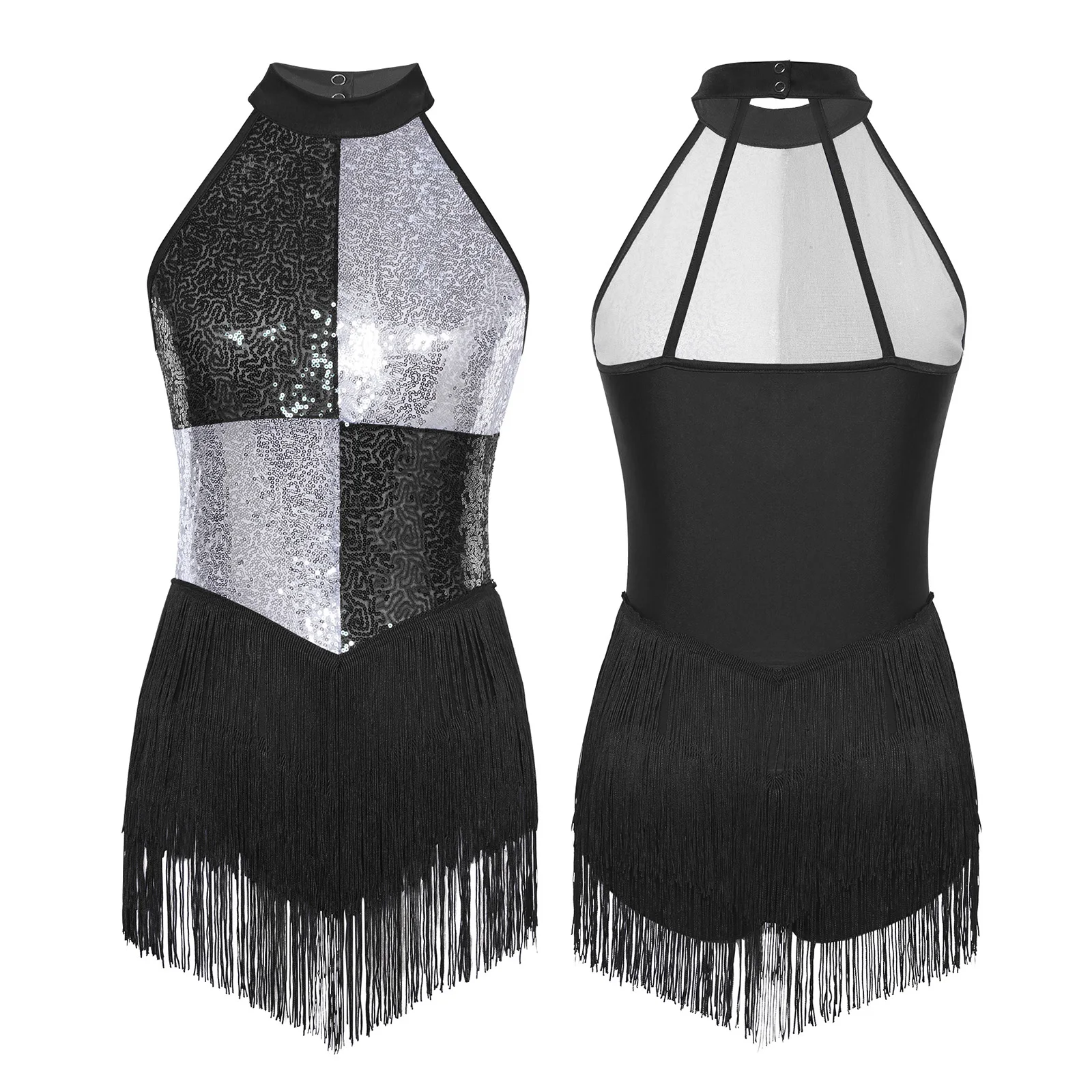 Womens Girls Sequin Modern Hip Hop Jazz Dance Performance Costume Leotard Dress Sparkling Tassels Samba Salsa Latin Dancewear