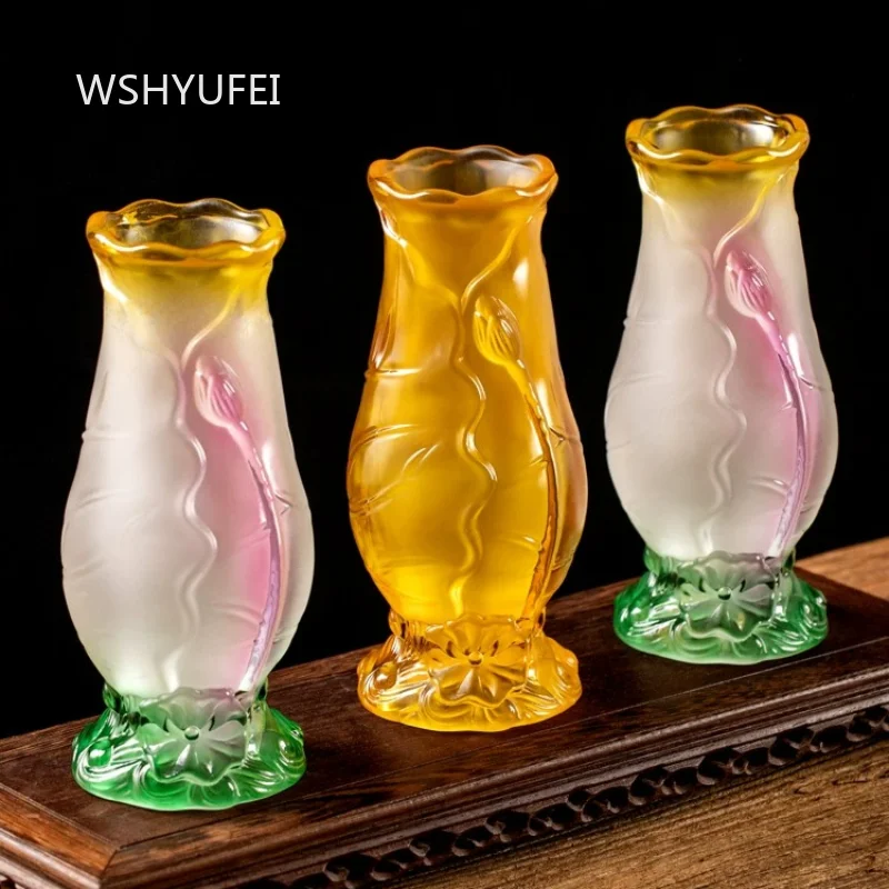 1pc Liuli Glass Lotus Relief Flower Vase with 3D Lotus Pattern Gradient Glaze for Buddhist Altar Offering and Home Decoration