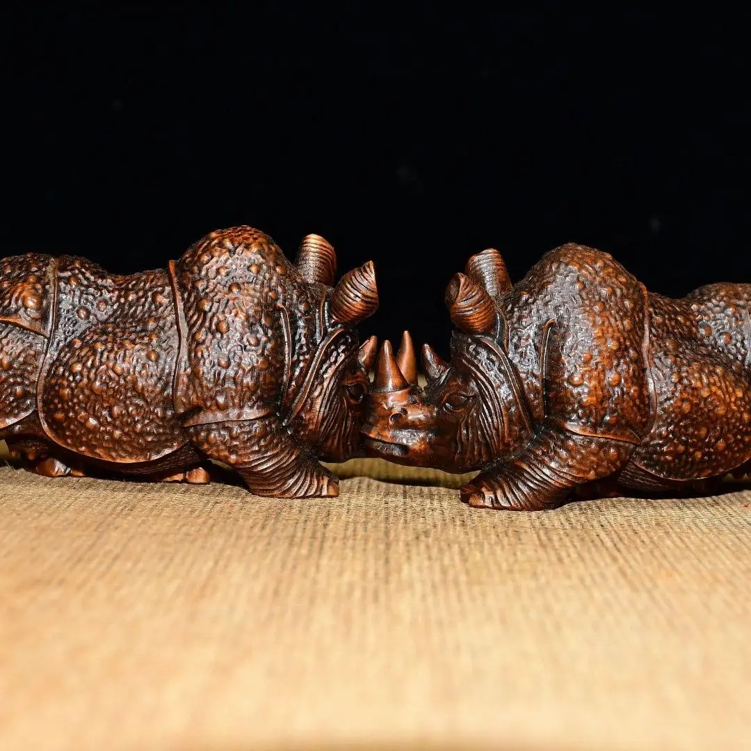 Hand Carved Wood Acute angle rhino Statue Figurine Desktop Ornaments Home Decoration