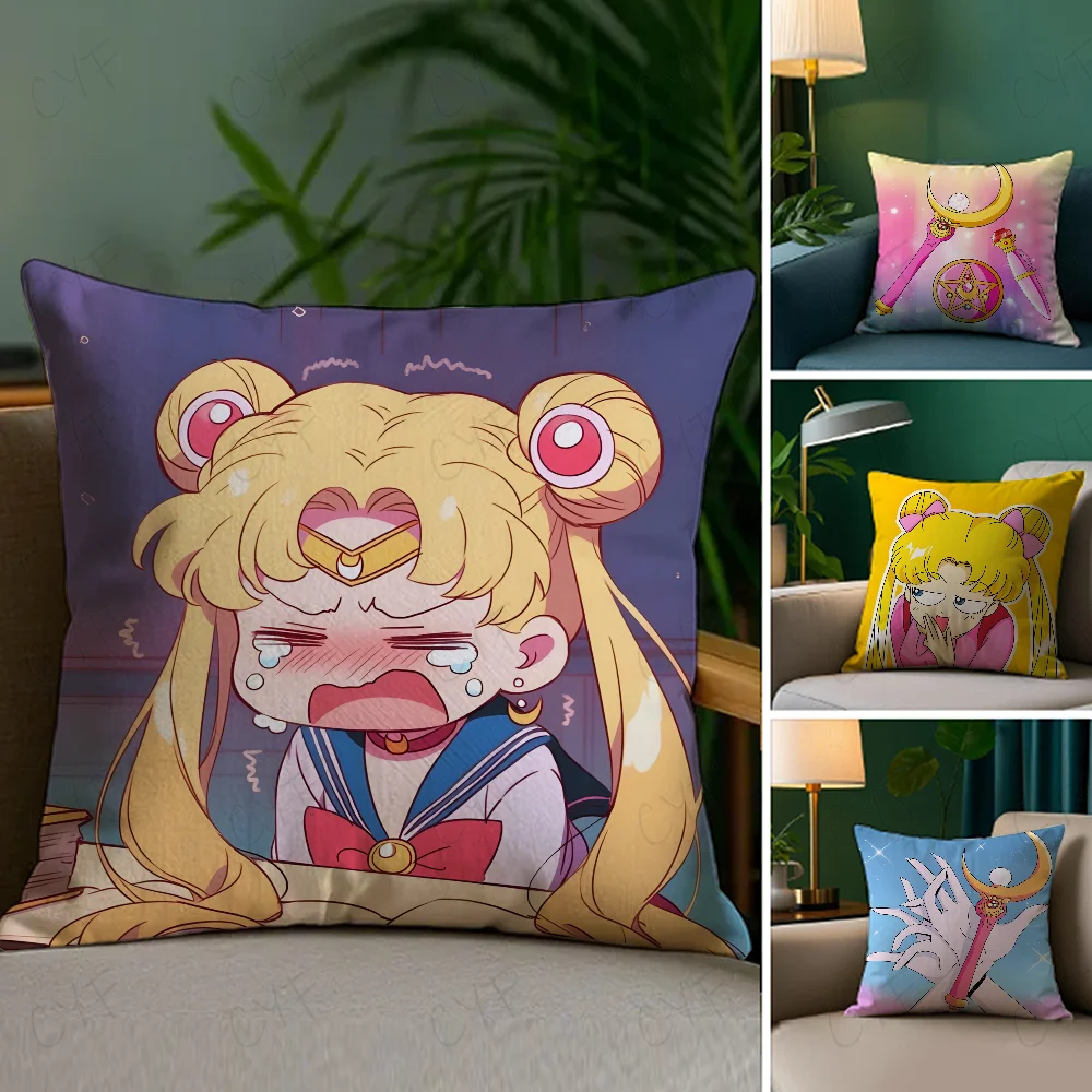 

S-SAILOR Anime M-MOON Pillow Case Pillowcase Anti-dustmite Pillow Invisible zipper silky short plush Sofa cushion cover
