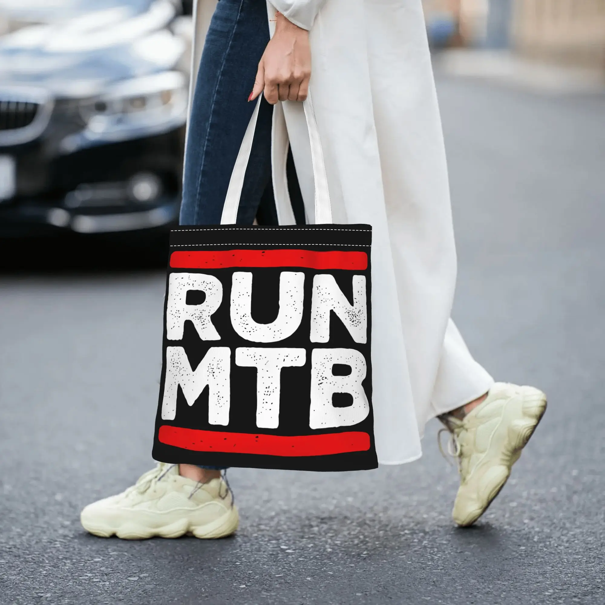 1pc RUN Mountain Bike Tote Bag, Shopping Bag, Suitable for Daily Use, School, Travel, Cool Gift for Mountain Biking Enthusiasts.