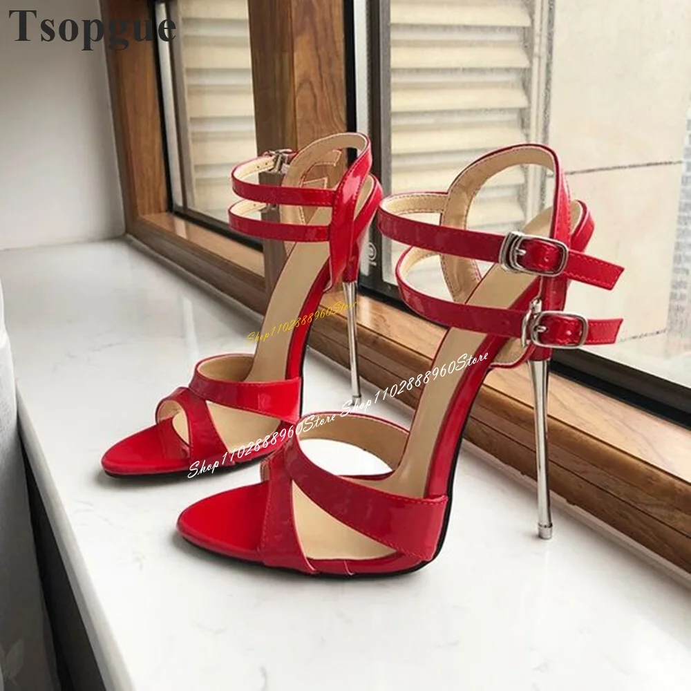 

Patent Leather Red Metal Heel 16cm Sandals Thin High Heel Women Shoes Ankle Buckle Strap Open Toe 2024 Sexy Zapatos Para Mujere