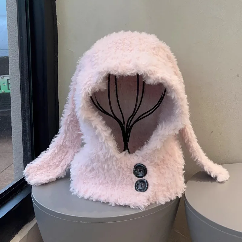 Ins Cute Plush Long Rabbit Ears Balaclava Hat Warm Neck Protection Scarf Integrated Ear Protection Winter Beanie Hats for Women