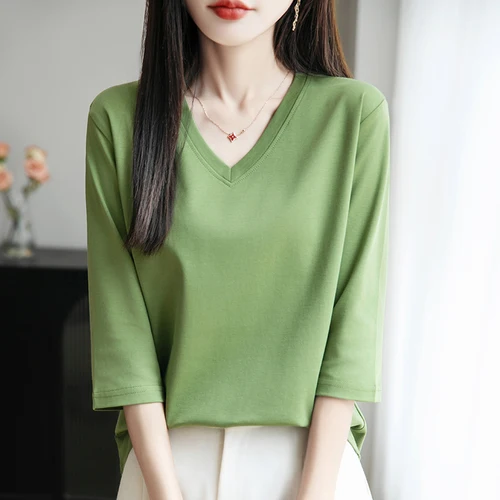 Imagen 1 del producto Primavera y novedad de verano, Camiseta de algodón con cuello en V, camisa de manga corta de media manga para mujer, Top de manga corta de gama alta