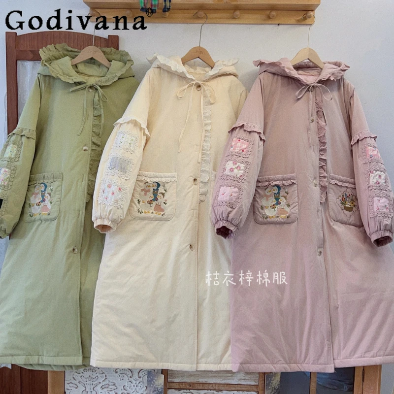 

2025 Winter New Warm Long Down Parkas Cute Girls Cartoon Embroidery Lolita Hooded Parkas Japanese Women Sweet Lolita Long Jacket