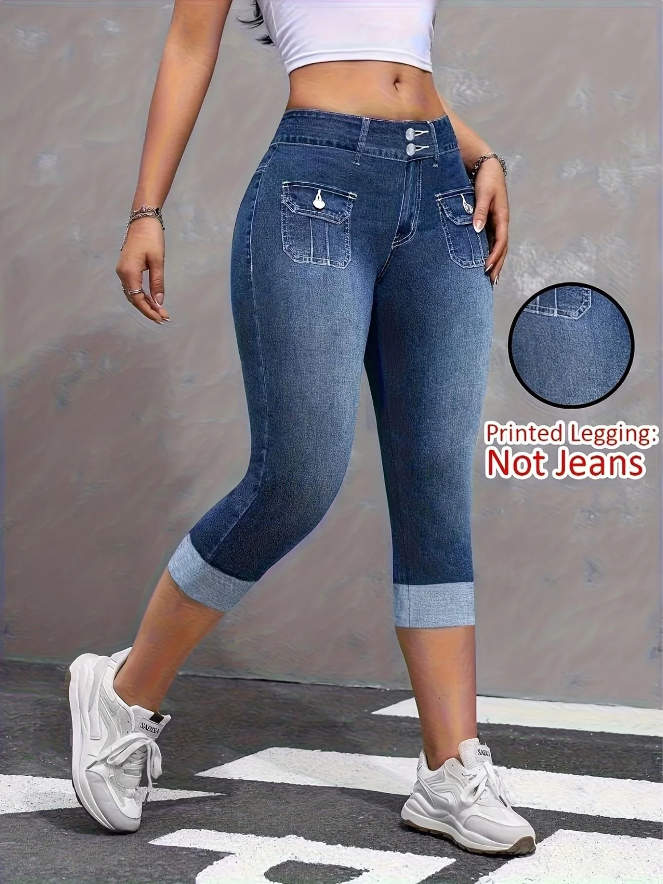 Printed Leggings, Not Denim Fabric, Fake Pocket & Button Print Capri Pants, High‑Stretch New Fashion Skinny Pants