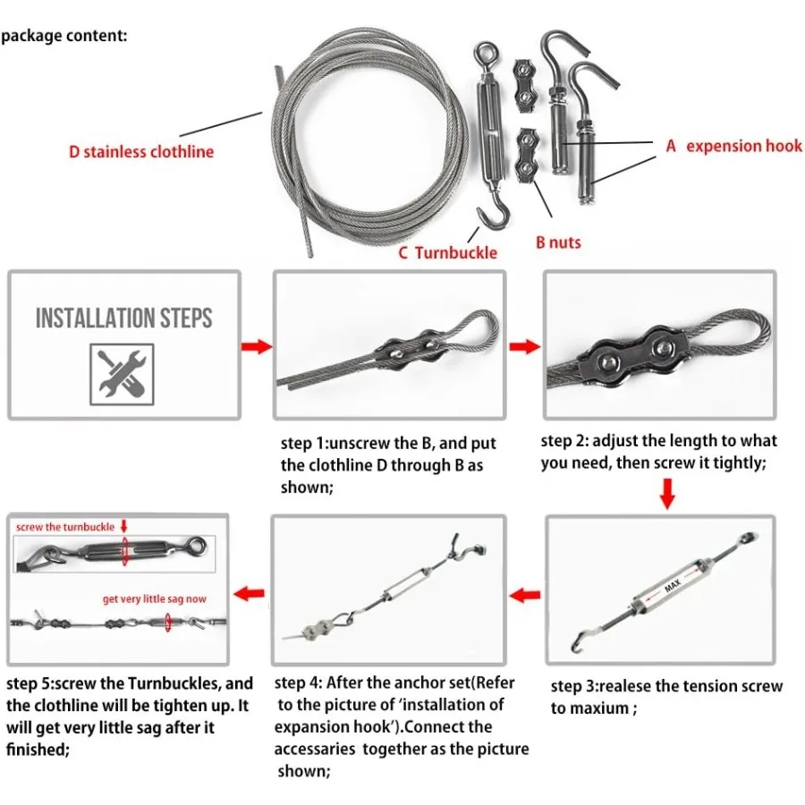 10.8FT 3.3M خطوط ملابس من الفولاذ المقاوم للصدأ لتعليق الملابس خارج حبل الغسيل الثقيلة لستارة سلكية معلقة يندبروف