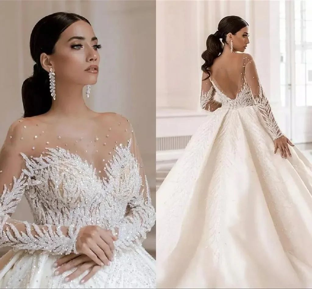 العربية دبي الخرز بلورات الكرة ثوب فساتين الزفاف Vestido De Noiva لينة تول كم طويل فساتين الزفاف مخصصة